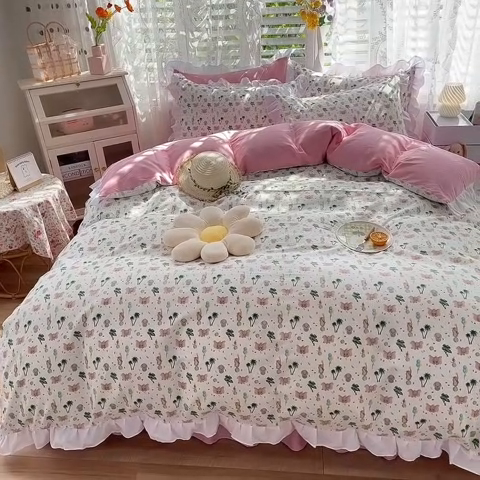 91家纺网 家纺一手货源 找家纺 玉元坊 少女心全棉公主风花边被套床单式床裙款四件套三件套 小飞象