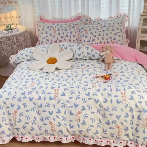 91家纺网 家纺一手货源 找家纺 玉元坊 少女心全棉公主风花边被套床单式床裙款四件套三件套 树叶兔
