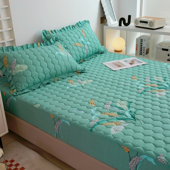 91家纺网 家纺一手货源 找家纺 情煊 2023新款全棉夹棉纯色印花床笠款(可定制尺寸) 床笠-麦之穗