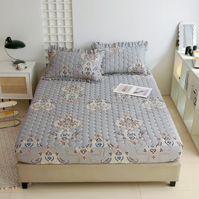 91家纺网 家纺一手货源 找家纺 情煊 2023新款全棉夹棉纯色印花床笠款(可定制尺寸) 床笠-罗兰灰