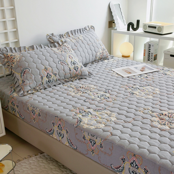 91家纺网 家纺一手货源 找家纺 情煊 2023新款全棉夹棉纯色印花床笠款(可定制尺寸) 床笠-罗兰灰