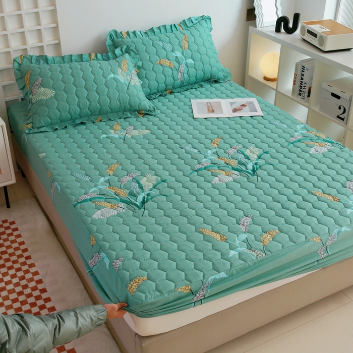 91家纺网 家纺一手货源 找家纺 情煊 2023新款全棉夹棉纯色印花床笠款(可定制尺寸) 床笠-麦之穗