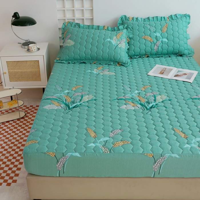 91家纺网 家纺一手货源 找家纺 情煊 2023新款全棉夹棉纯色印花床笠款(可定制尺寸) 床笠-麦之穗