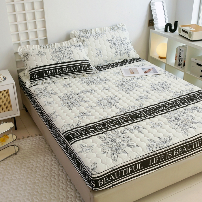 91家纺网 家纺一手货源 找家纺 情煊 2023新款全棉夹棉纯色印花床笠款(可定制尺寸) 床笠-木槿