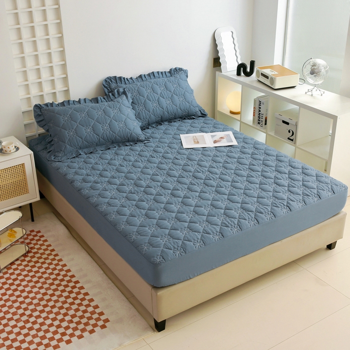 91家纺网 家纺一手货源 找家纺 情煊 2023新款全棉夹棉纯色印花床笠款(可定制尺寸) 床笠-灰蓝