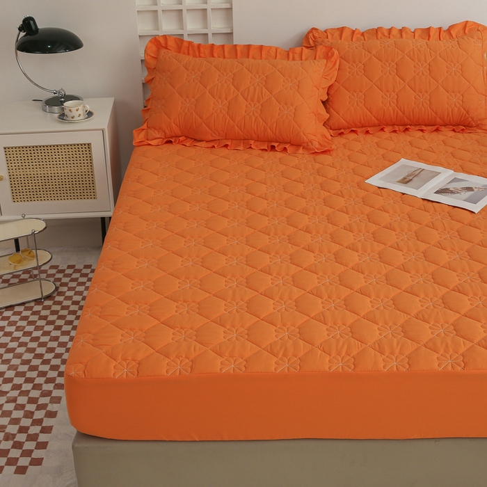 91家纺网 家纺一手货源 找家纺 情煊 2023新款全棉夹棉纯色印花床笠款(可定制尺寸) 床笠-橘色