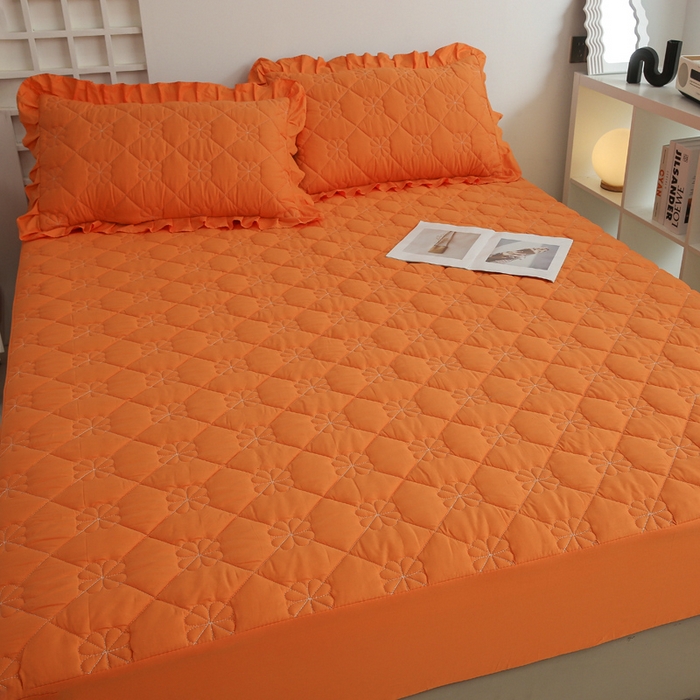 91家纺网 家纺一手货源 找家纺 情煊 2023新款全棉夹棉纯色印花床笠款(可定制尺寸) 床笠-橘色