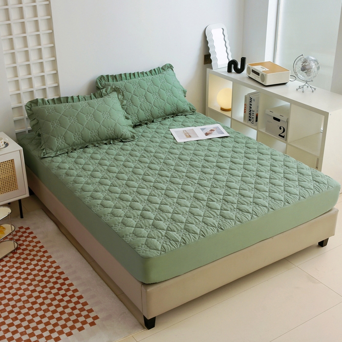 91家纺网 家纺一手货源 找家纺 情煊 2023新款全棉夹棉纯色印花床笠款(可定制尺寸) 床笠-浅绿