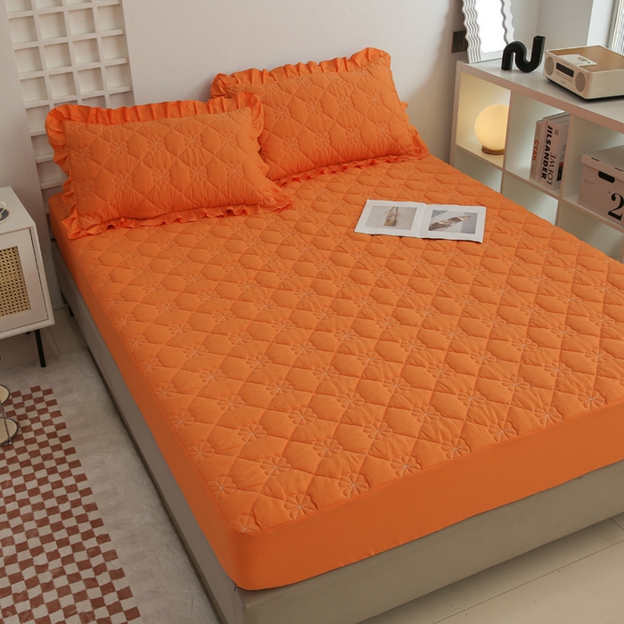 91家纺网 家纺一手货源 找家纺 情煊 2023新款全棉夹棉纯色印花床笠款(可定制尺寸) 床笠-橘色