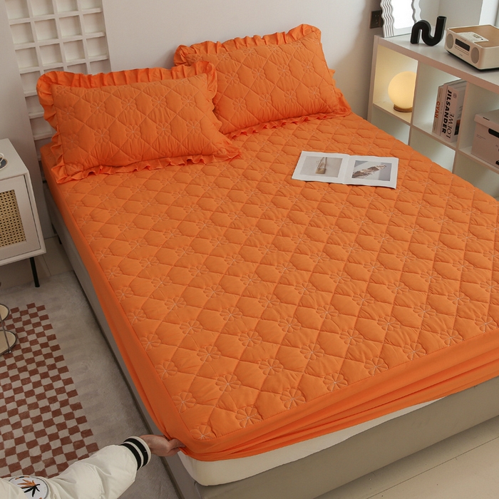 91家纺网 家纺一手货源 找家纺 情煊 2023新款全棉夹棉纯色印花床笠款(可定制尺寸) 床笠-橘色