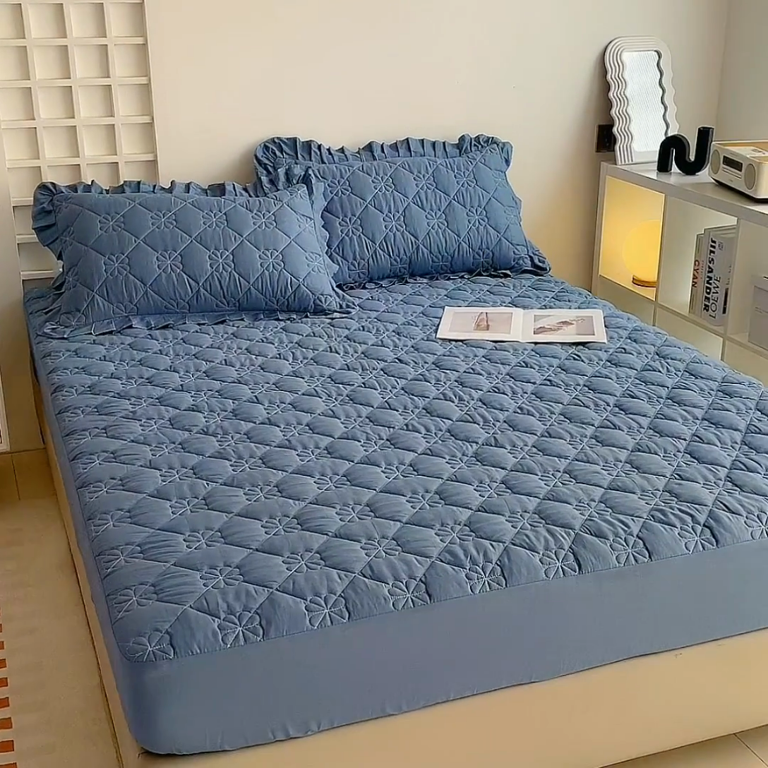 91家纺网 家纺一手货源 找家纺 情煊 2023新款全棉夹棉纯色印花床笠款(可定制尺寸) 床笠-灰蓝