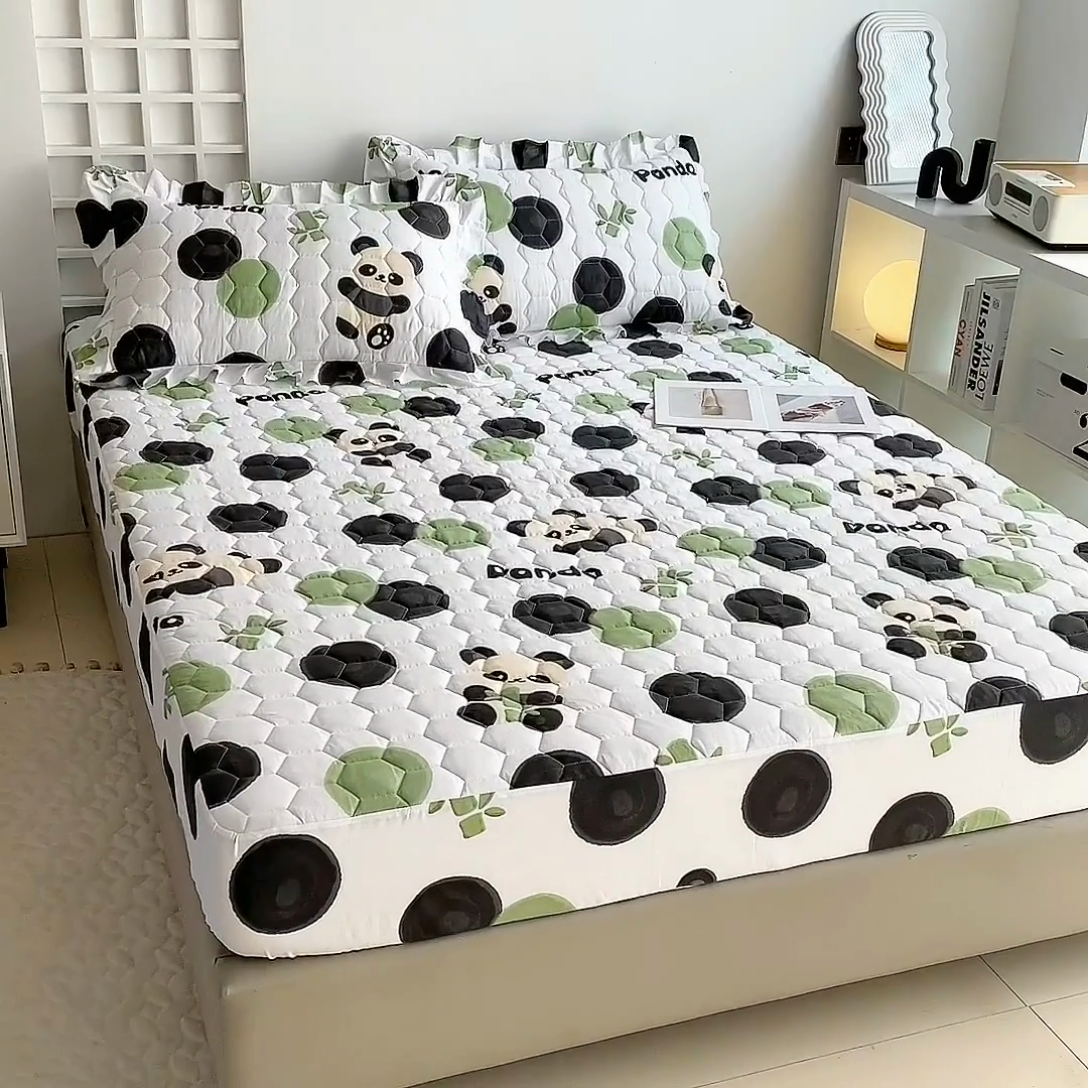 91家纺网 家纺一手货源 找家纺 情煊 2023新款全棉夹棉纯色印花床笠款(可定制尺寸) 床笠-竹林熊猫