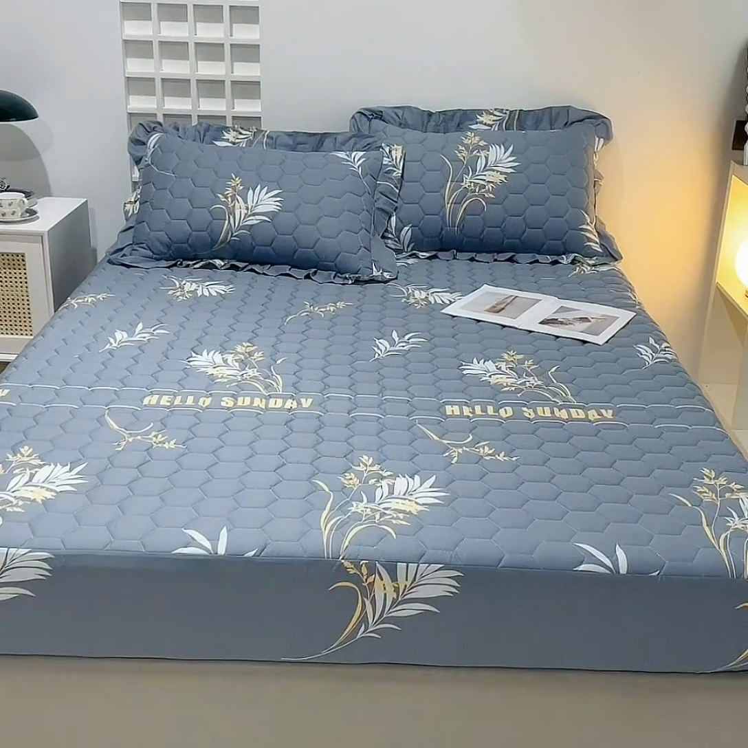 91家纺网 家纺一手货源 找家纺 情煊 2023新款全棉夹棉纯色印花床笠款(可定制尺寸) 床笠-叶之恋