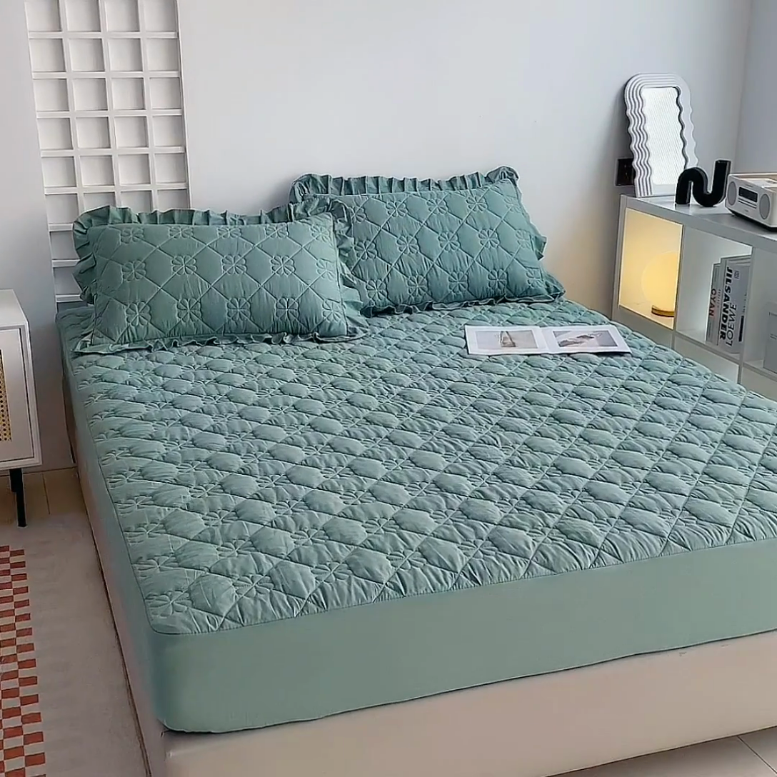 91家纺网 家纺一手货源 找家纺 情煊 2023新款全棉夹棉纯色印花床笠款(可定制尺寸) 床笠-浅绿