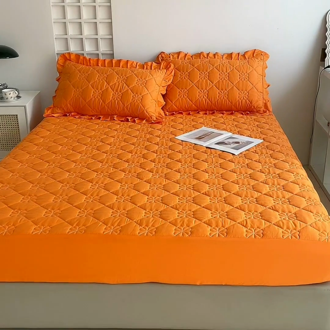 91家纺网 家纺一手货源 找家纺 情煊 2023新款全棉夹棉纯色印花床笠款(可定制尺寸) 床笠-橘色