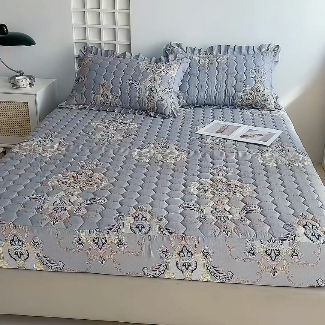 91家纺网 家纺一手货源 找家纺 情煊 2023新款全棉夹棉纯色印花床笠款(可定制尺寸) 床笠-罗兰灰