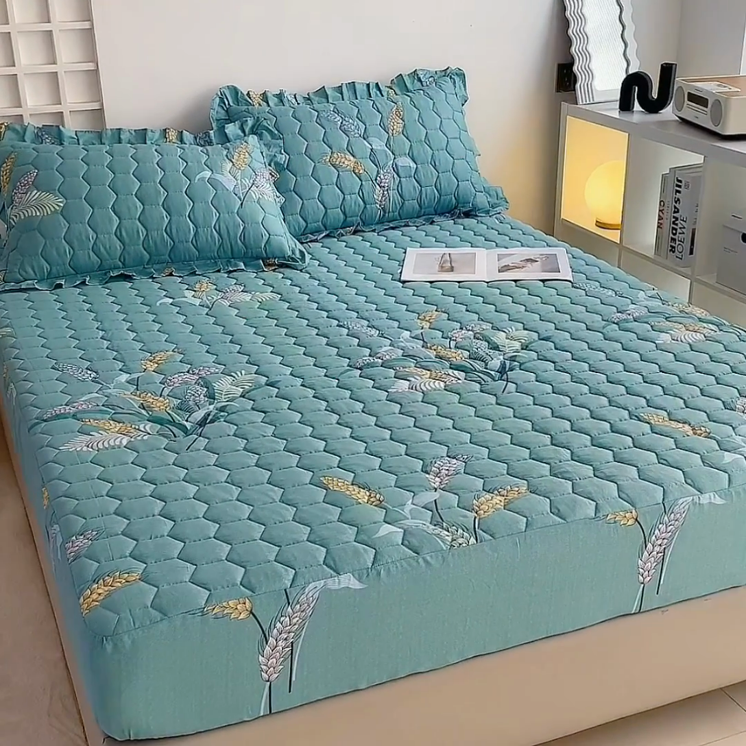 91家纺网 家纺一手货源 找家纺 情煊 2023新款全棉夹棉纯色印花床笠款(可定制尺寸) 床笠-麦之穗