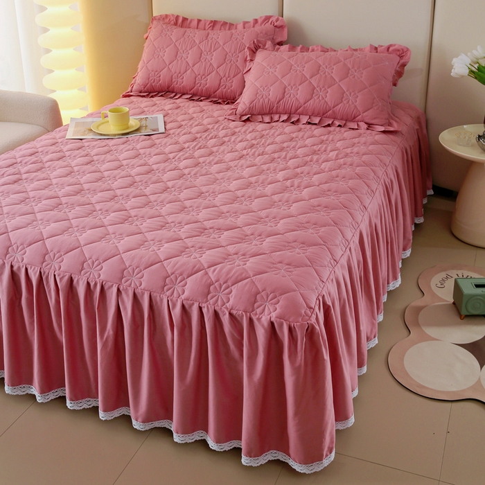 91家纺网 家纺一手货源 找家纺 情煊 2023新款全棉夹棉纯色印花床裙款(可定制尺寸) 豆沙