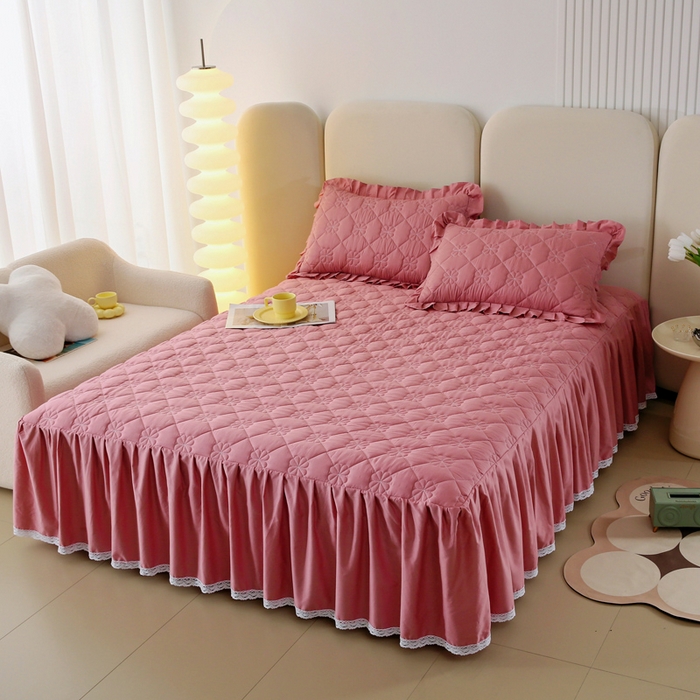 91家纺网 家纺一手货源 找家纺 情煊 2023新款全棉夹棉纯色印花床裙款(可定制尺寸) 豆沙