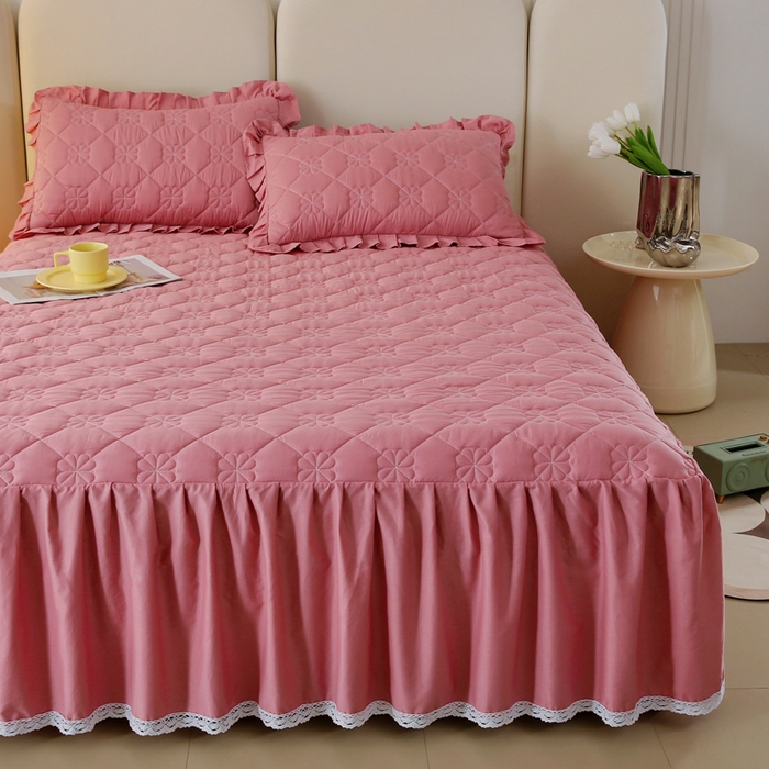 91家纺网 家纺一手货源 找家纺 情煊 2023新款全棉夹棉纯色印花床裙款(可定制尺寸) 豆沙