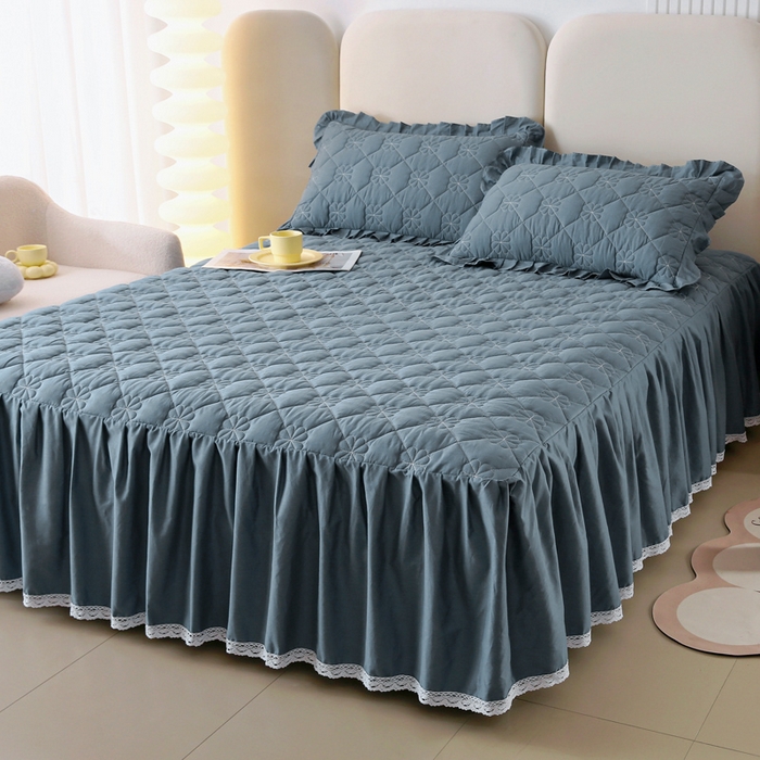 91家纺网 家纺一手货源 找家纺 情煊 2023新款全棉夹棉纯色印花床裙款(可定制尺寸) 豆沙