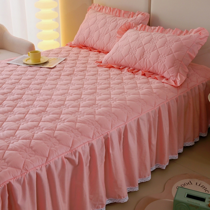 91家纺网 家纺一手货源 找家纺 情煊 2023新款全棉夹棉纯色印花床裙款(可定制尺寸) 粉玉