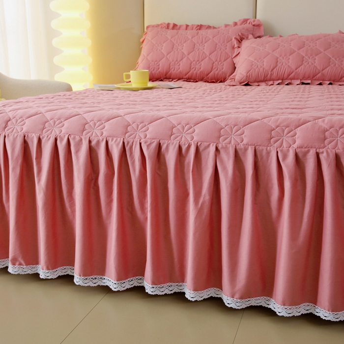 91家纺网 家纺一手货源 找家纺 情煊 2023新款全棉夹棉纯色印花床裙款(可定制尺寸) 豆沙