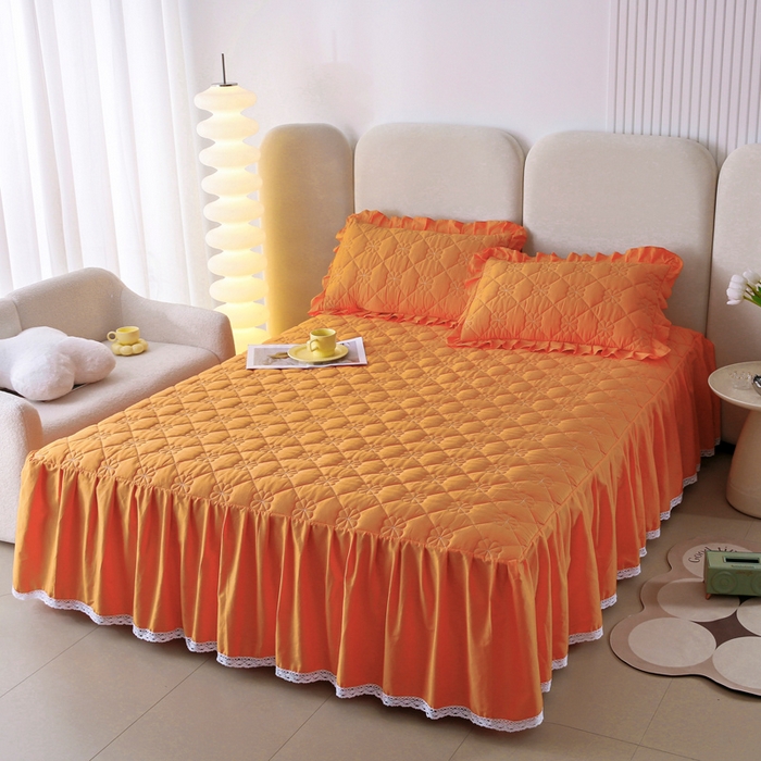 91家纺网 家纺一手货源 找家纺 情煊 2023新款全棉夹棉纯色印花床裙款(可定制尺寸) 橘色