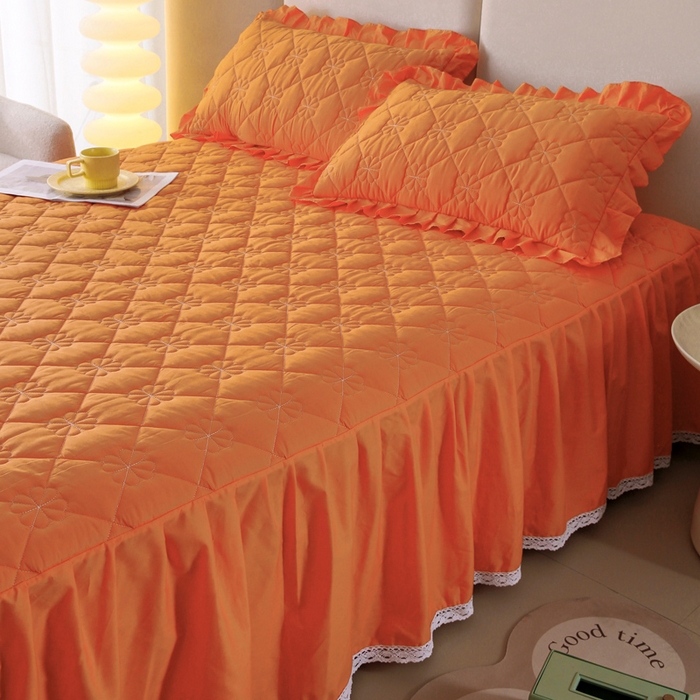 91家纺网 家纺一手货源 找家纺 情煊 2023新款全棉夹棉纯色印花床裙款(可定制尺寸) 橘色