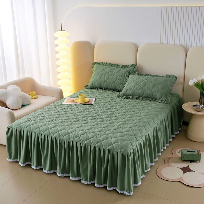 91家纺网 家纺一手货源 找家纺 情煊 2023新款全棉夹棉纯色印花床裙款(可定制尺寸) 浅绿