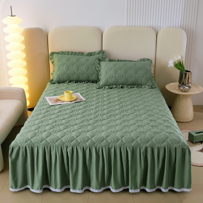 91家纺网 家纺一手货源 找家纺 情煊 2023新款全棉夹棉纯色印花床裙款(可定制尺寸) 浅绿