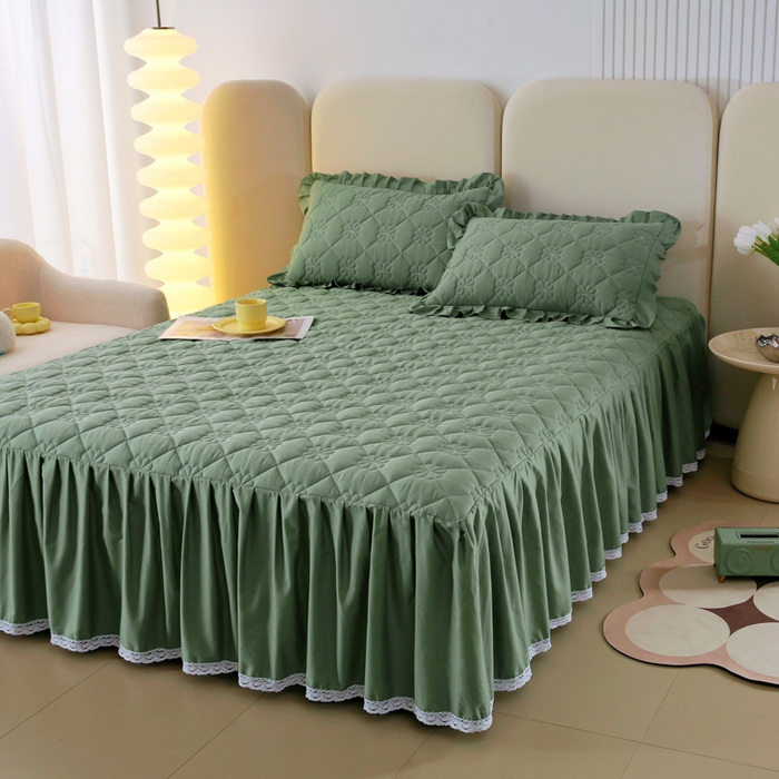 91家纺网 家纺一手货源 找家纺 情煊 2023新款全棉夹棉纯色印花床裙款(可定制尺寸) 浅绿