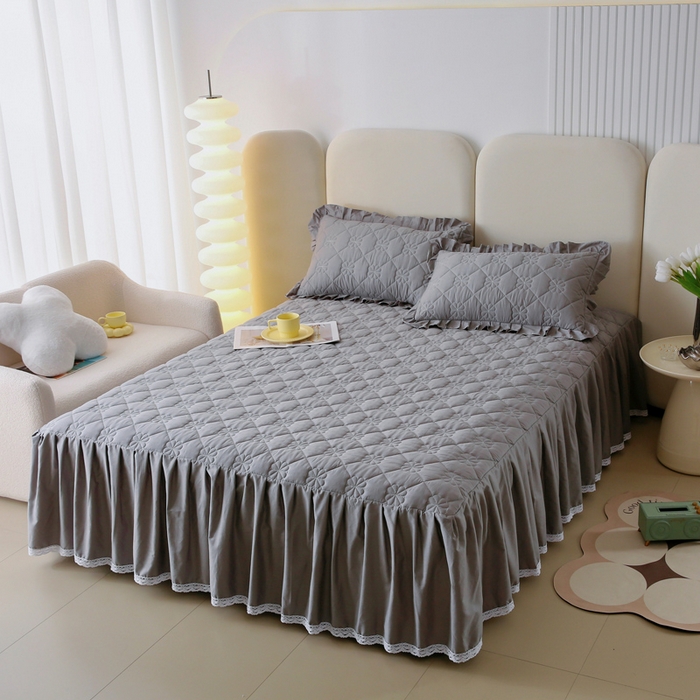 91家纺网 家纺一手货源 找家纺 情煊 2023新款全棉夹棉纯色印花床裙款(可定制尺寸) 绅士灰