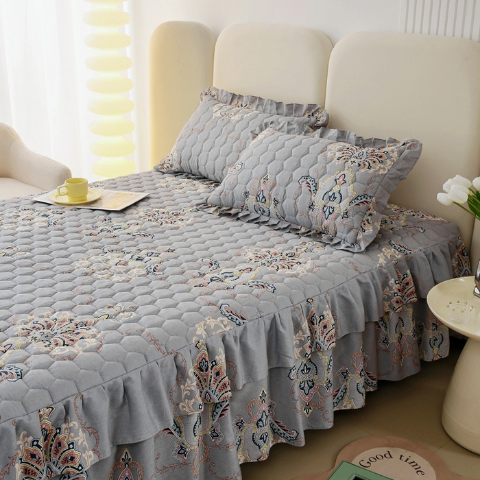 91家纺网 家纺一手货源 找家纺 情煊 2023新款全棉夹棉纯色印花床裙款(可定制尺寸) 罗兰灰