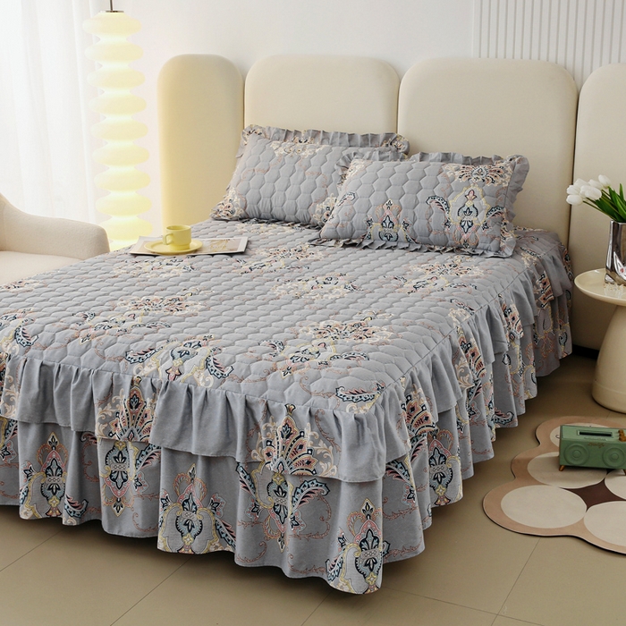 91家纺网 家纺一手货源 找家纺 情煊 2023新款全棉夹棉纯色印花床裙款(可定制尺寸) 罗兰灰