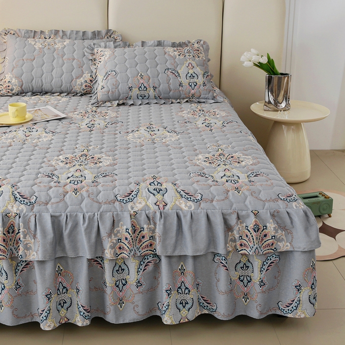 91家纺网 家纺一手货源 找家纺 情煊 2023新款全棉夹棉纯色印花床裙款(可定制尺寸) 罗兰灰