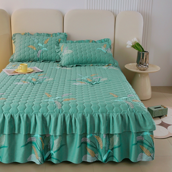 91家纺网 家纺一手货源 找家纺 情煊 2023新款全棉夹棉纯色印花床裙款(可定制尺寸) 麦之穗