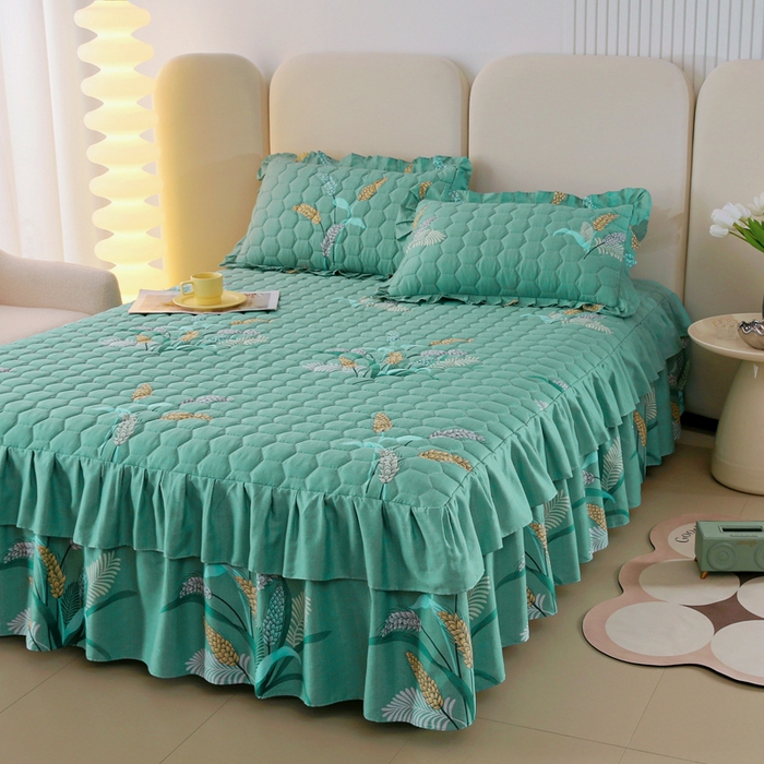 91家纺网 家纺一手货源 找家纺 情煊 2023新款全棉夹棉纯色印花床裙款(可定制尺寸) 麦之穗