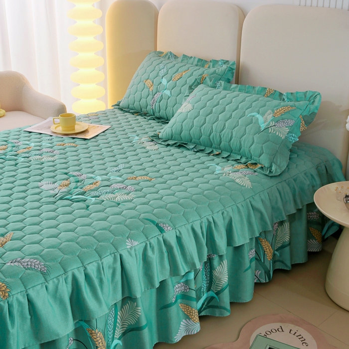 91家纺网 家纺一手货源 找家纺 情煊 2023新款全棉夹棉纯色印花床裙款(可定制尺寸) 麦之穗