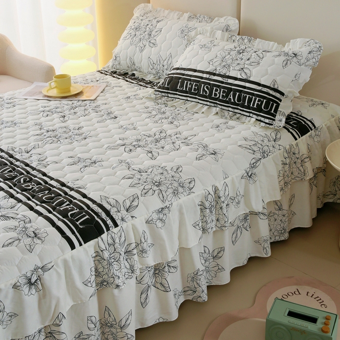 91家纺网 家纺一手货源 找家纺 情煊 2023新款全棉夹棉纯色印花床裙款(可定制尺寸) 木槿