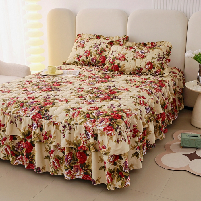 91家纺网 家纺一手货源 找家纺 情煊 2023新款全棉夹棉纯色印花床裙款(可定制尺寸) 情深似海