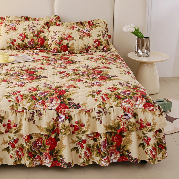 91家纺网 家纺一手货源 找家纺 情煊 2023新款全棉夹棉纯色印花床裙款(可定制尺寸) 情深似海