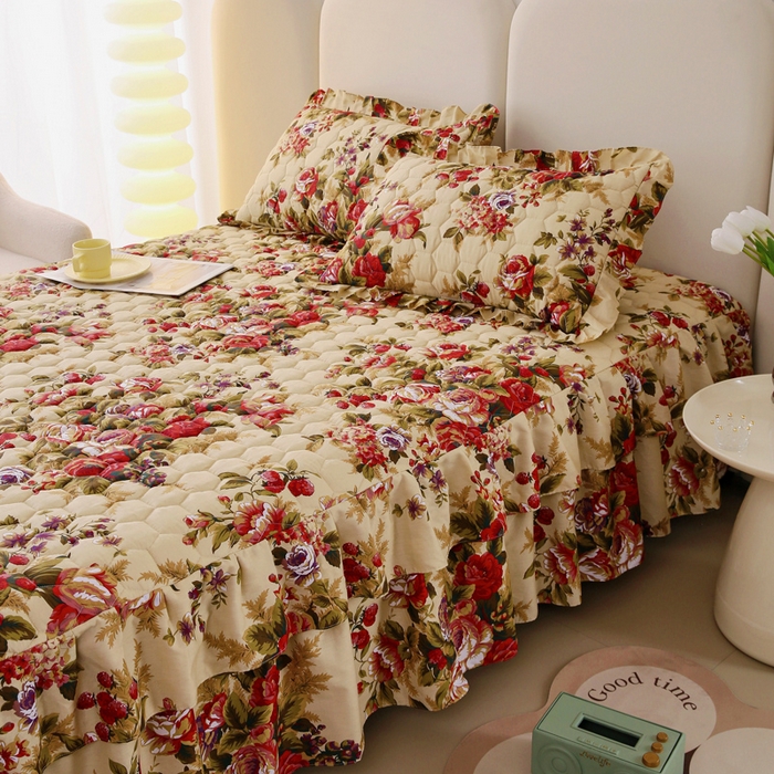 91家纺网 家纺一手货源 找家纺 情煊 2023新款全棉夹棉纯色印花床裙款(可定制尺寸) 情深似海