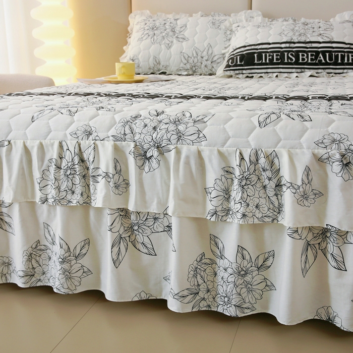 91家纺网 家纺一手货源 找家纺 情煊 2023新款全棉夹棉纯色印花床裙款(可定制尺寸) 木槿