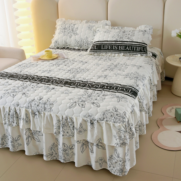 91家纺网 家纺一手货源 找家纺 情煊 2023新款全棉夹棉纯色印花床裙款(可定制尺寸) 木槿