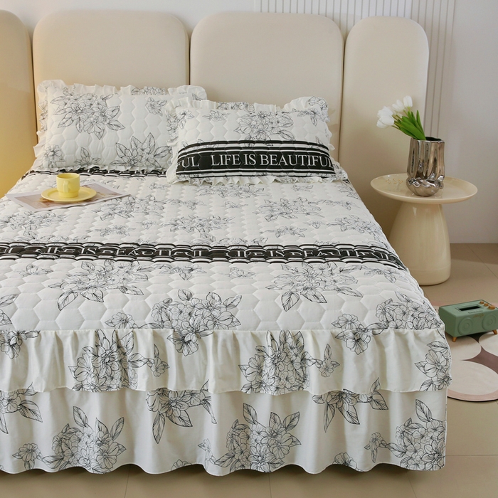 91家纺网 家纺一手货源 找家纺 情煊 2023新款全棉夹棉纯色印花床裙款(可定制尺寸) 木槿