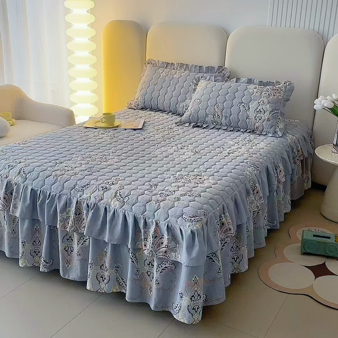 91家纺网 家纺一手货源 找家纺 情煊 2023新款全棉夹棉纯色印花床裙款(可定制尺寸) 罗兰灰