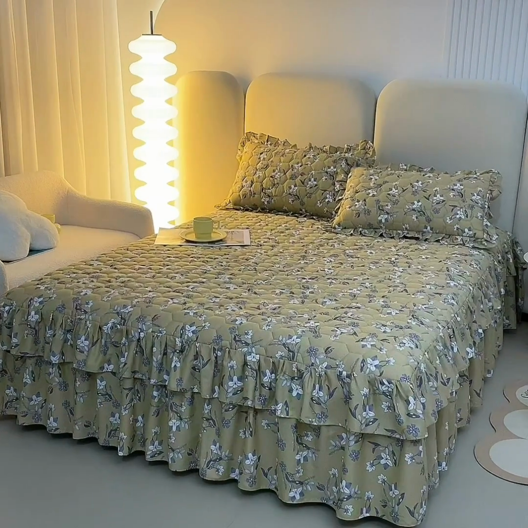 91家纺网 家纺一手货源 找家纺 情煊 2023新款全棉夹棉纯色印花床裙款(可定制尺寸) 安娜庄园