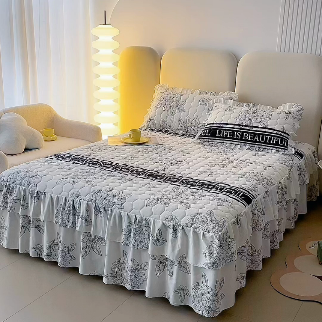 91家纺网 家纺一手货源 找家纺 情煊 2023新款全棉夹棉纯色印花床裙款(可定制尺寸) 木槿