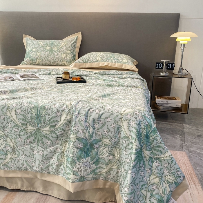 91家纺网 家纺一手货源 找家纺 棉生活 2023新款3M贡缎工艺天丝夏被四件套 洛丽塔 绿